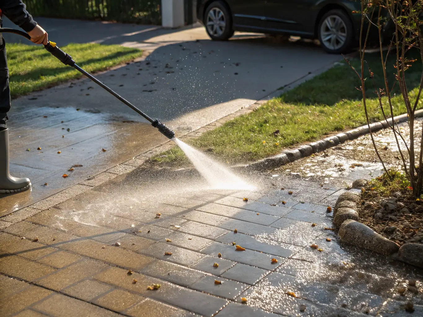 A high-pressure water jet cleaning a dirty driveway, showcasing the power and effectiveness of our pressure washing service in Jacksonville, FL.