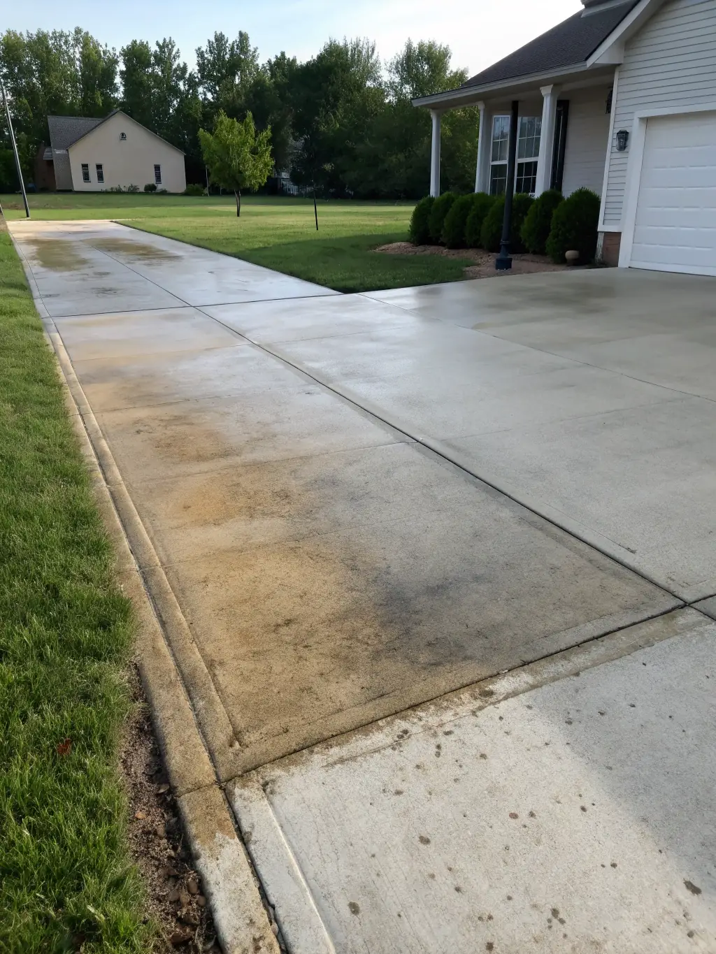 A before-and-after shot of a heavily stained driveway in Jacksonville, FL, showcasing the dramatic cleaning power of The Salty Sprayer's services.