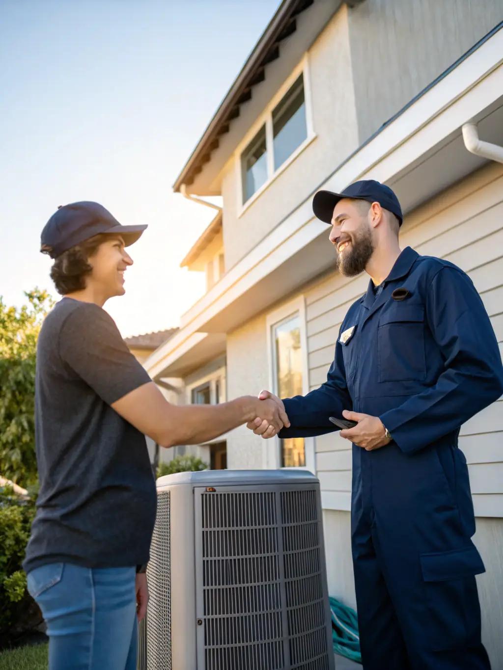 A smiling technician from The Salty Sprayer shaking hands with a satisfied customer in front of their freshly power-washed home in Jacksonville, FL.