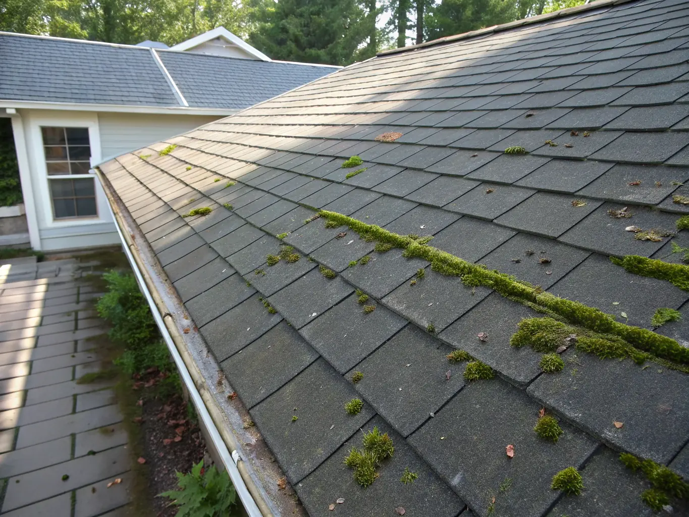 A roof being soft washed, with visible algae and moss being gently removed without damaging the shingles.