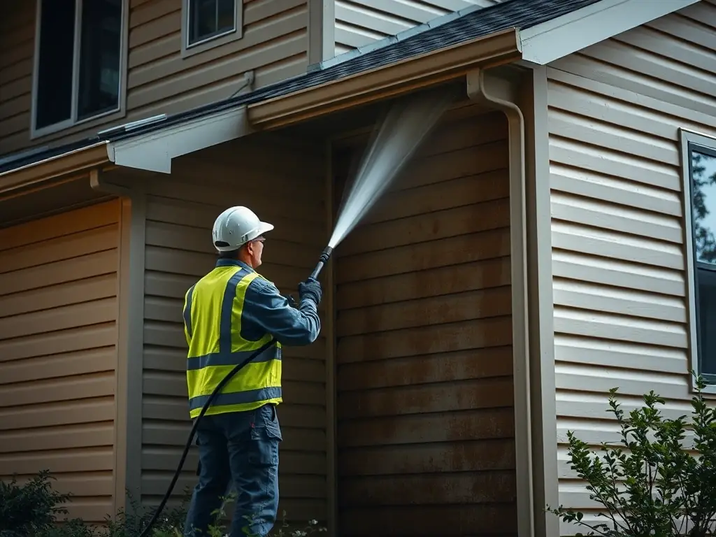 A house exterior being cleaned, showing the removal of dirt and stains from the walls and windows.
