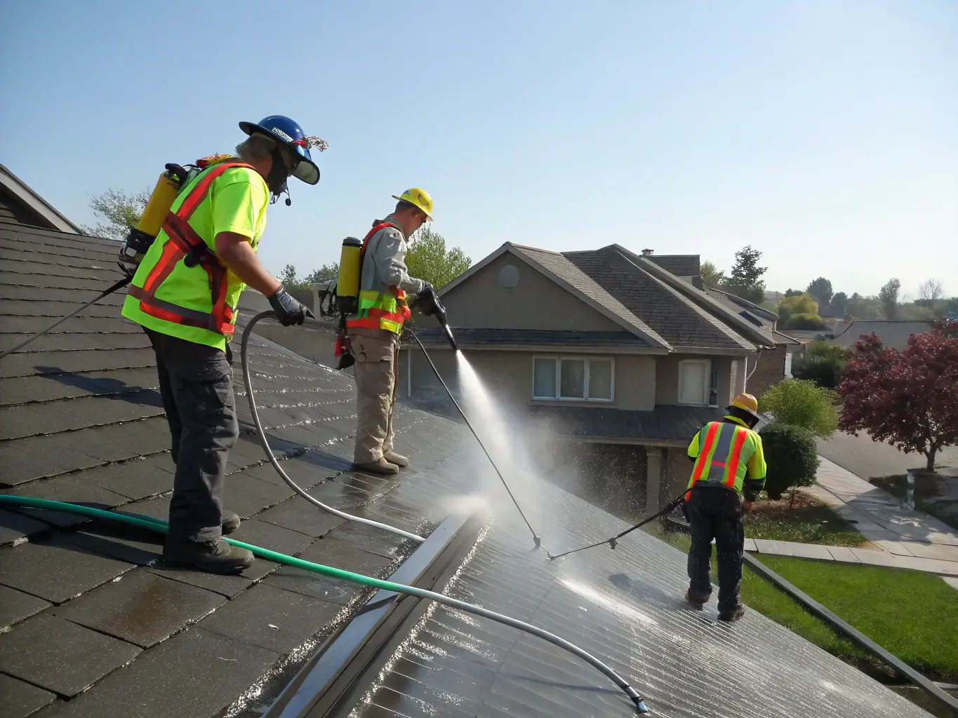 A technician gently cleaning a roof with soft washing equipment, demonstrating safe cleaning of delicate surfaces in Jacksonville, FL.